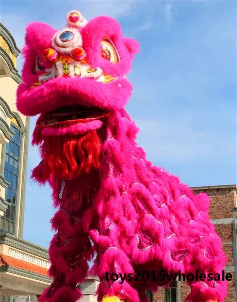 

Lovely Lion Dance Mascot Costume Wool Southern Pink Lion Chinese Folk Art for Two Adults Cosplay Party Game Advertising Clothing