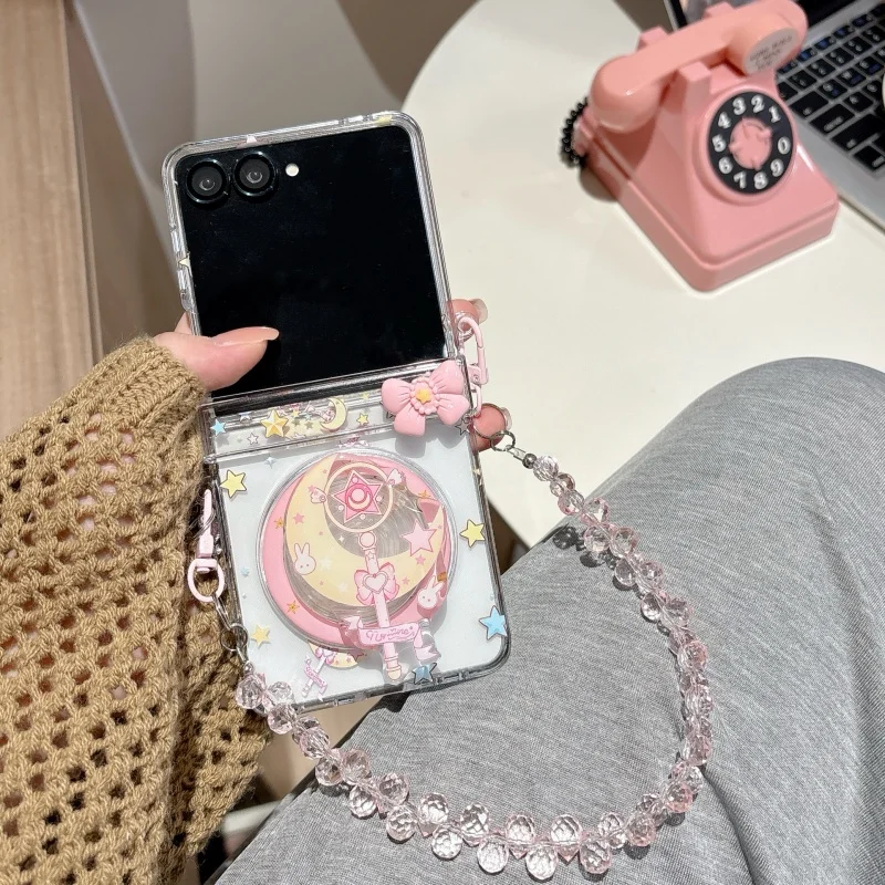 

Clear Cute Star Bow Magnetic Phone Case For Samsung Z Flip 7 6 5 Cover with Magsafe Stand Holder Kawaii Cases For ZFlip7 Funda