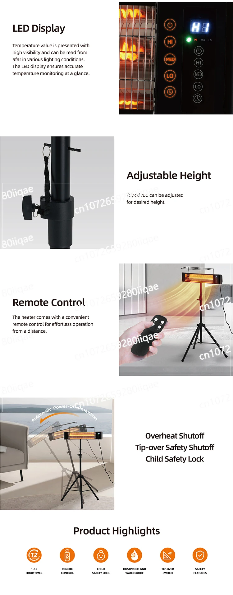 Electric Space Heater with Tripod One Year Warranty 1500W 12 Hour Timer Air Heating Standing Infrared Wall-mounted Patio Outdoo