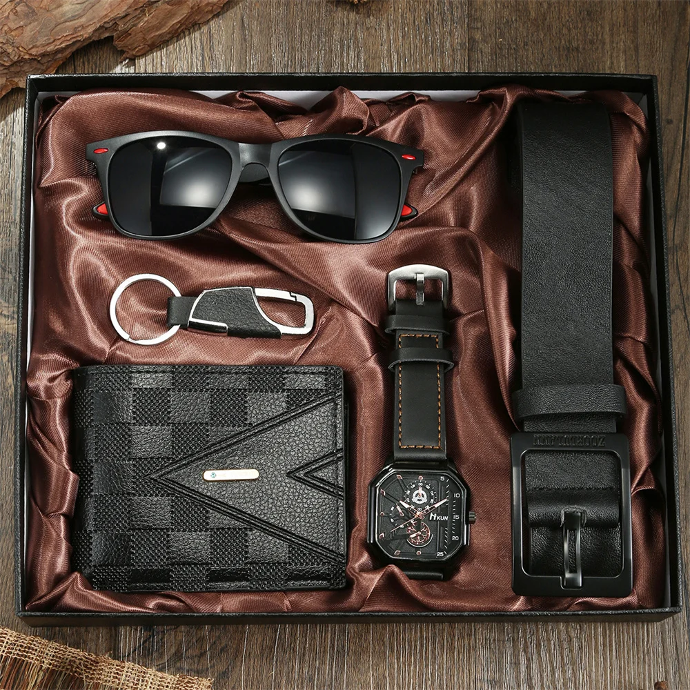 2024 New Mens Watch Set with Gift Box for Men 5 Pieces Keychain Sunglasses Belt and Wallet Set for Men Him Boyfriend Dad Husband