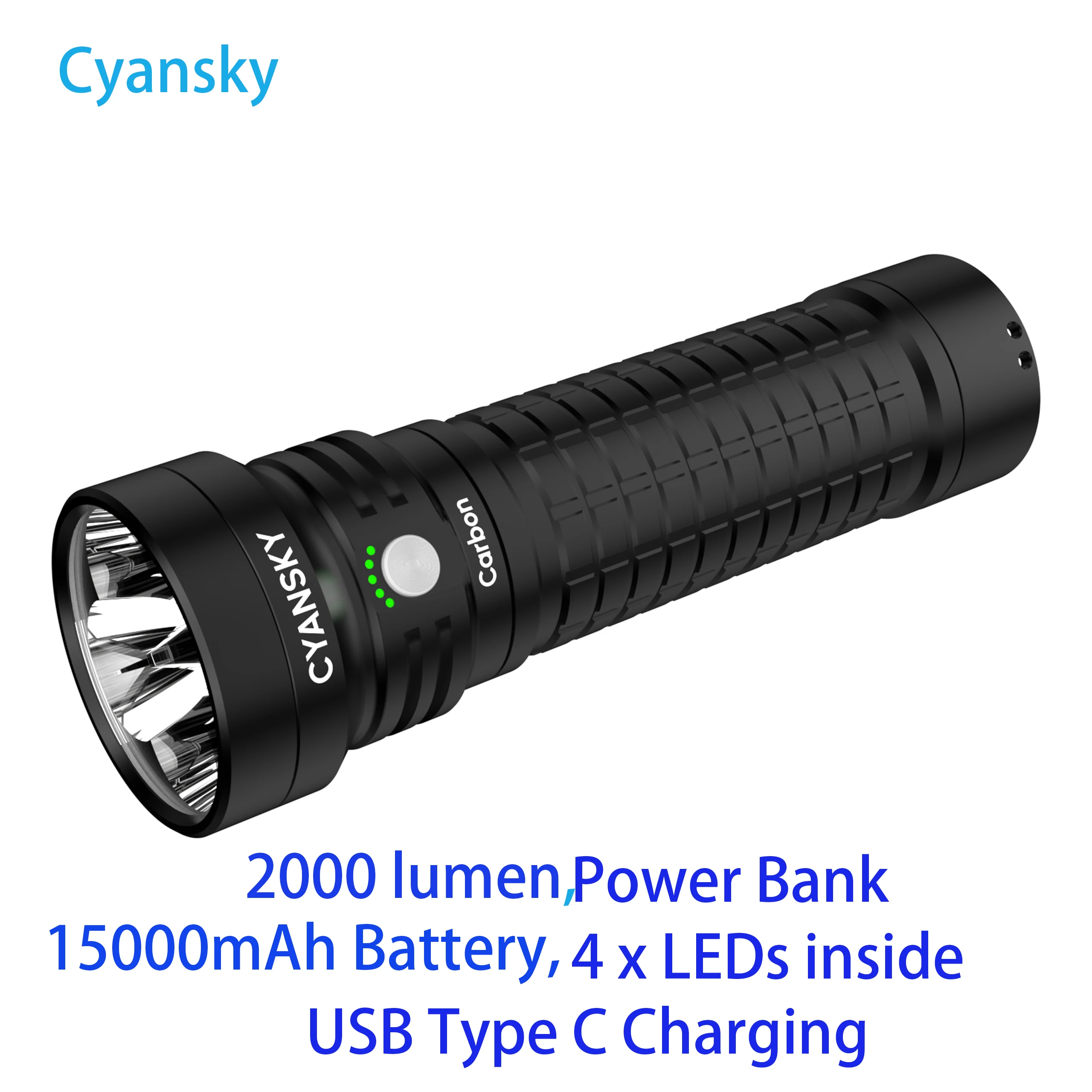 CYANSKY 2000 Lumens 450 Meters 15000mAh Power Bank Flashlight ,USB Type C Rechargeable 4 x LEDs Torch