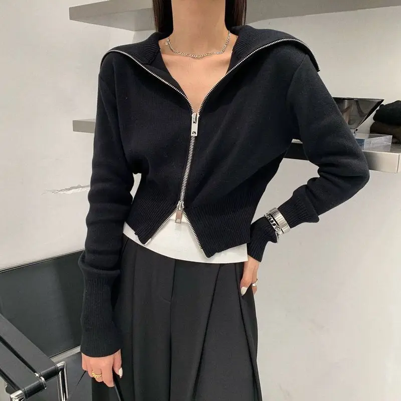 New 2024 Spring Autumn Women's Spliced Sailor Collar Zipper Fashion Solid Color Loose Comfortable Long Sleeve Knitted Sweater