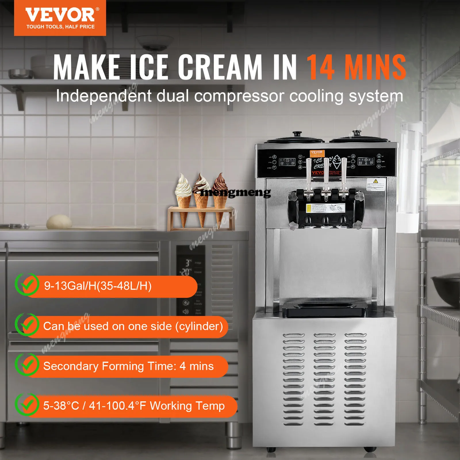 Commercial Soft Ice Cream Machine 3 Flavors PreCooling LED Panel Allows Single Cylinder Use Overnight Refrigeration