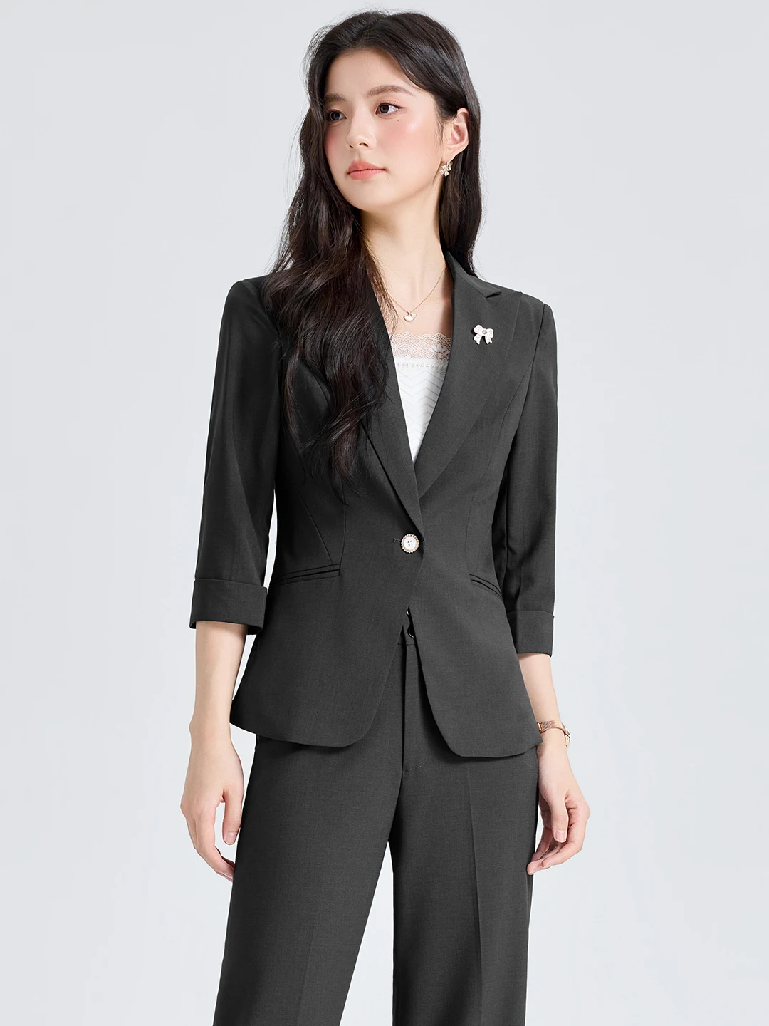 Black Seven-Quarter Sleeve Suit Jacket for Women Commute Style Professional Fashionable Interview Outfit Polyester Material