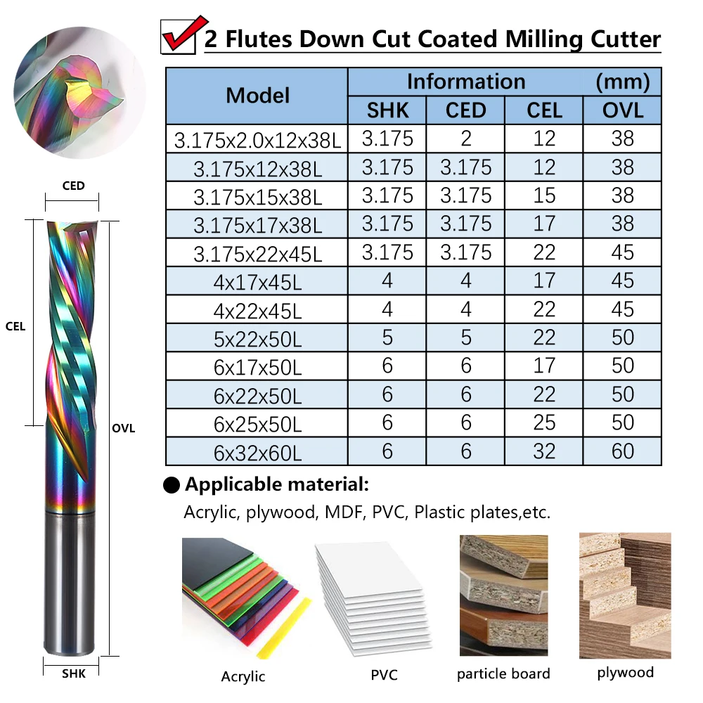 5Pcs 2.0/3.175/4/5/6/8mm DLC left handed two spiral flute End Mill, Down Cut Milling Cutter for Acrylic, plywood, MDF, PVC,Wood