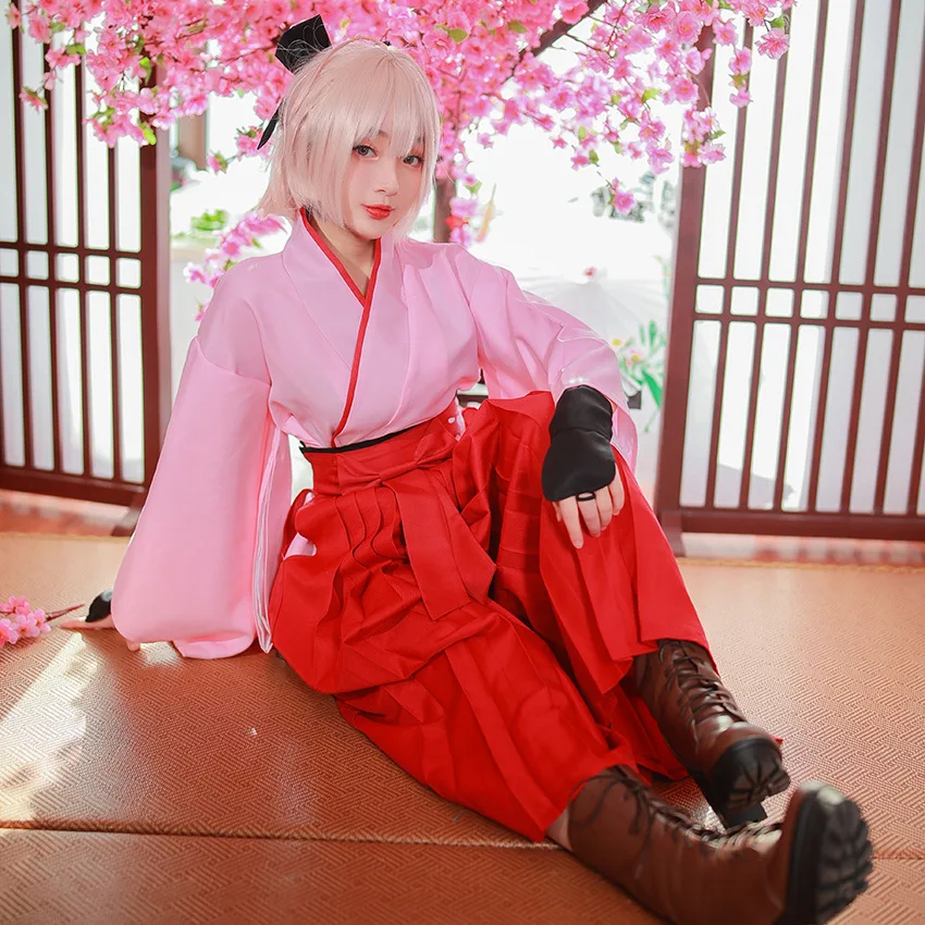 Fate Okita Souji Sakura Saber Kimono Cosplay Women's Stage Photo Outfit Full Set — Halloween Cosplay