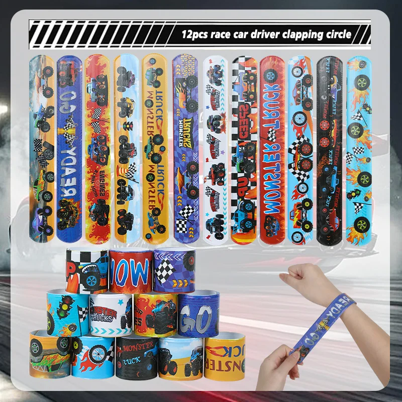 12 Uds. Pulseras de bofetadas de coches de carreras, recuerdos de fiesta de cumpleaños para niños, relleno de piñata, regalo para invitados, suministros para fiestas temáticas deportivas, decoración navideña