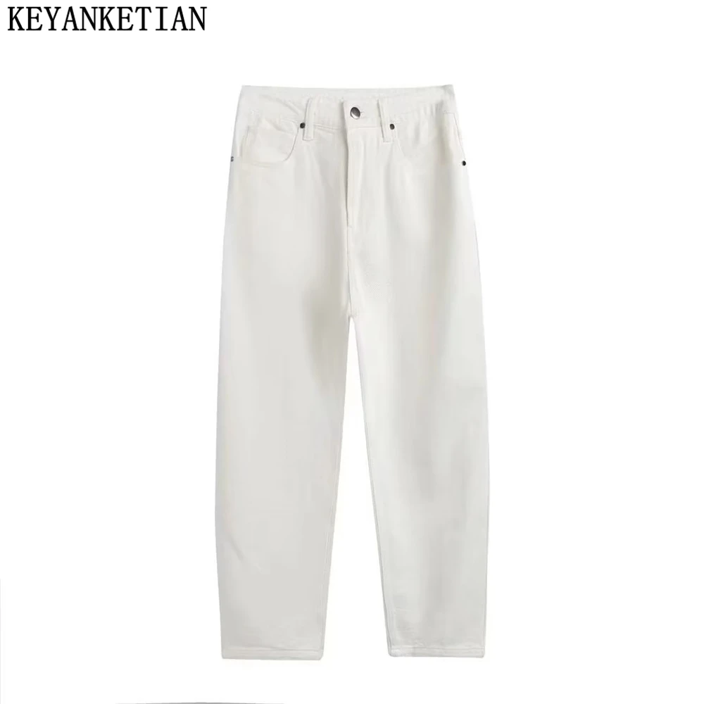 

KEYANKETIAN Women's White Ankle Jeans Spring Autumn Zipper High Waist Loose Slim Fashion Versatile Straight Pants Mujer Pants