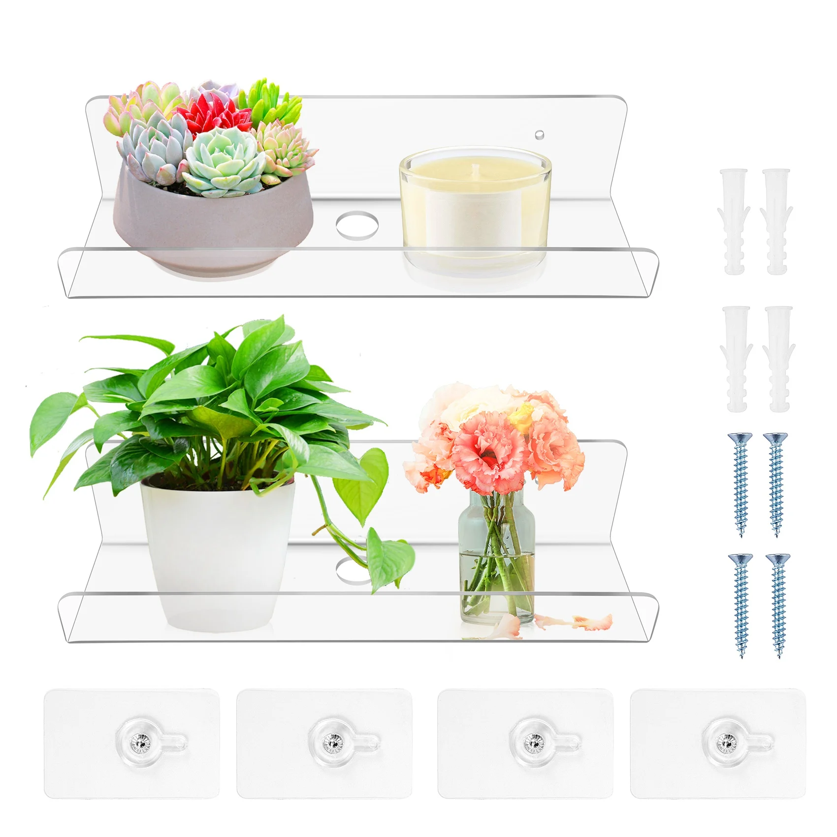 

2 шт. прозрачные акриловые настенные полки, плавающие книжные полки для стены, настенные полки для дисплея для ванной комнаты, спальни, кухни-A21R