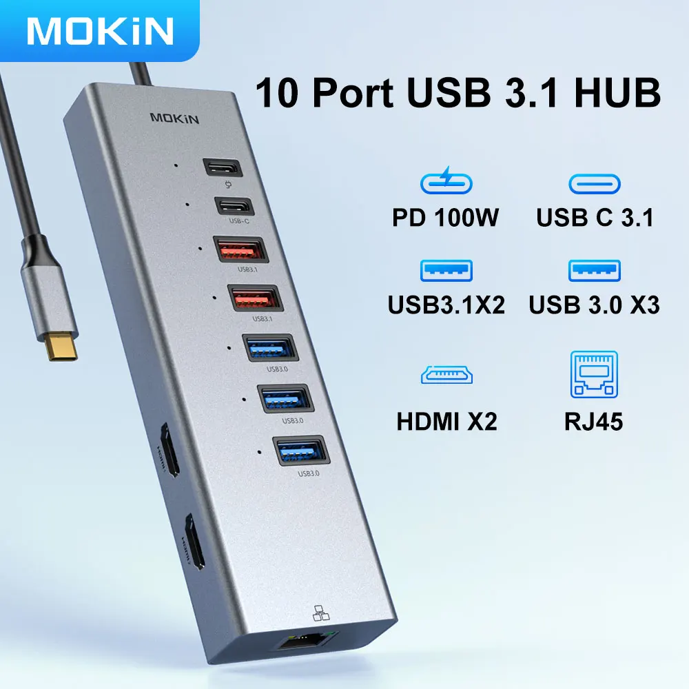 

MOKiN Док-станция-концентратор USB C 10 в 1 с 2 HDMI, 10 Гбит/с USB3.1, Type-C 3.1, PD100W, RJ45 1 Гбит/с, для MacBook Air/Pro, iPad M1/M2