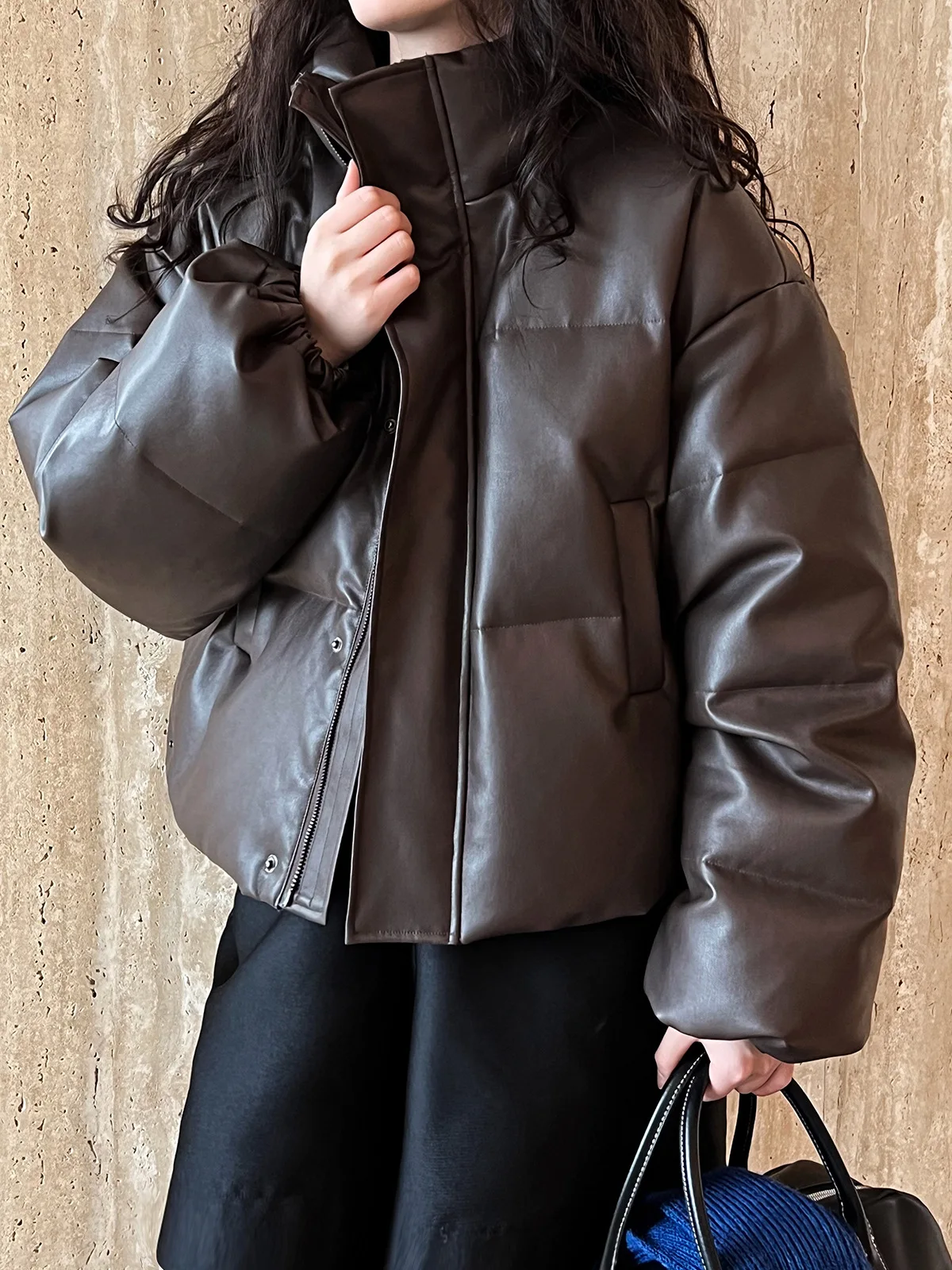 Winter New Brown PU Leather Cotton Down Coat Women's Thicken Stand Collar Japanese Korean Leisure Loose Style Down Coat