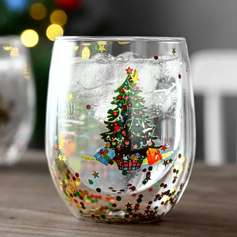 Heat-resistant Coffee Cups Double Wall Glass Cup Cute Cartoon Snowflake Christmas Tree Drinking Glasses Christmas Gift Drinkware