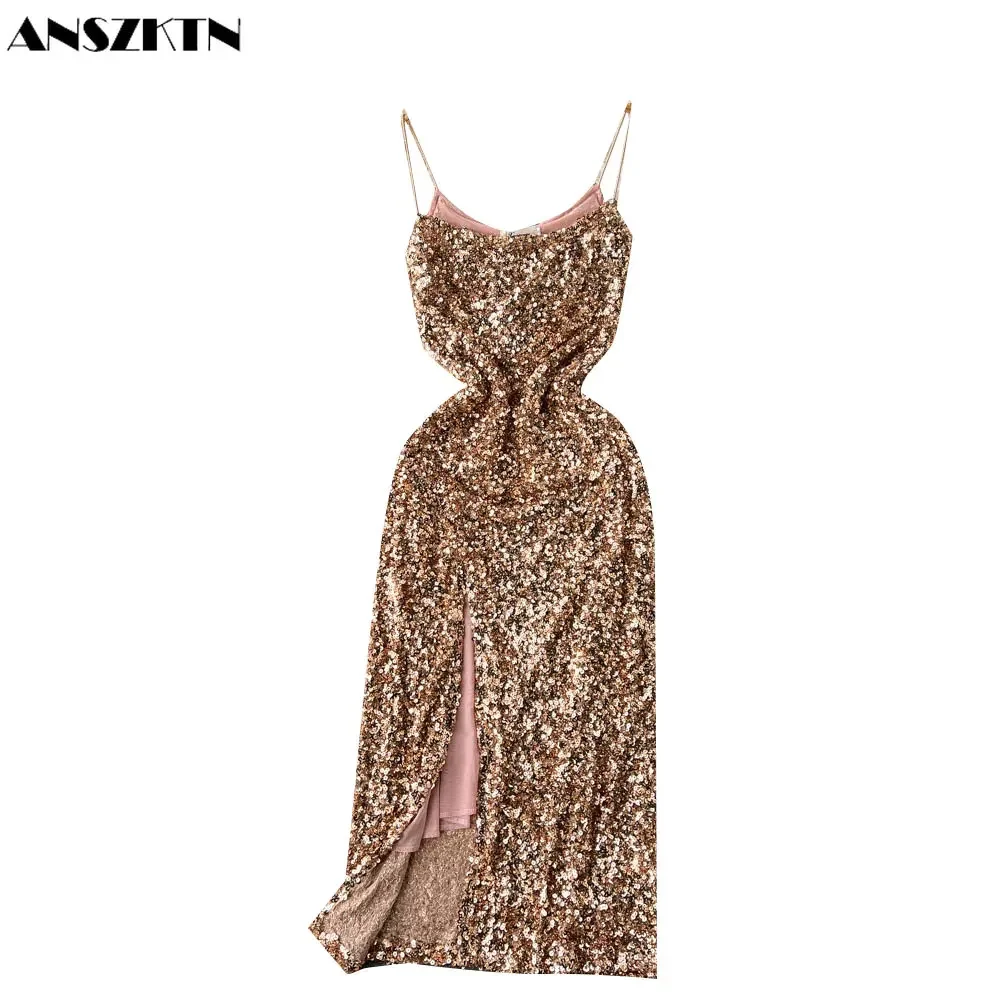 เซ็กซี่เลื่อมแวววาวคนดังชุดเอี๊ยมผู้หญิงหรูหราระดับไฮเอนด์ชุดราตรีกระโปรงแนวโน้ม