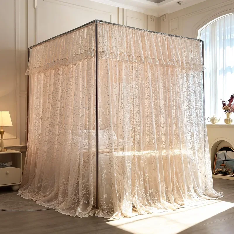 Canopy Bed Curtains 4 Corners Post Bed Canopy Mosquito Net for Girls Adults Bedroom Decoration Beige Pink Queen