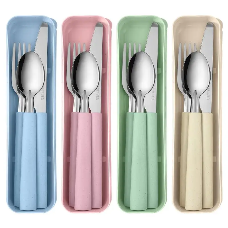 Odorless 3-Piece Stainless Steel Portable Cutlery Set Reusable Utensils with Storage Box for Picnic Travel School Office Use