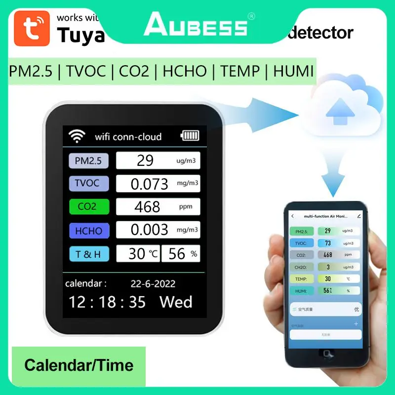 Luftqualitätsdetektor Hcho Tvoc Co Co2 Pm10 6-in-1 Pm2,5 Multifunktionaler Heimluftqualitätstester Gasdetektor tragbar