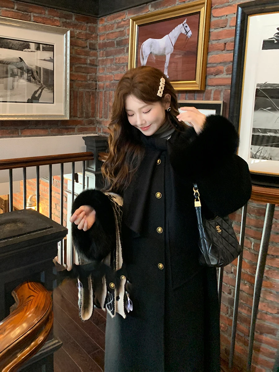 

Unique Double-Faced Camere Woolen Coat for Women Mid-Length Bla Ele Rich Girl Sle Korean Version Straight Cut