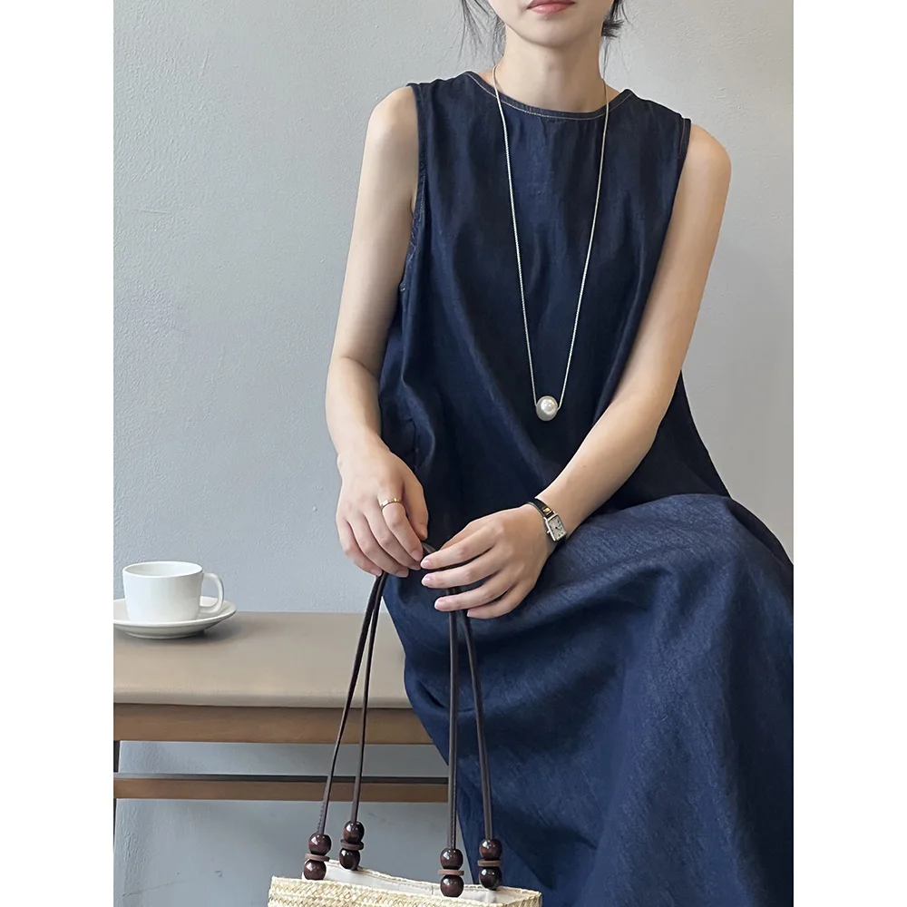 Round Necked Sleeveless Denim Tank Top Dress 2024 Summer New Loose Waisted Long Skirt