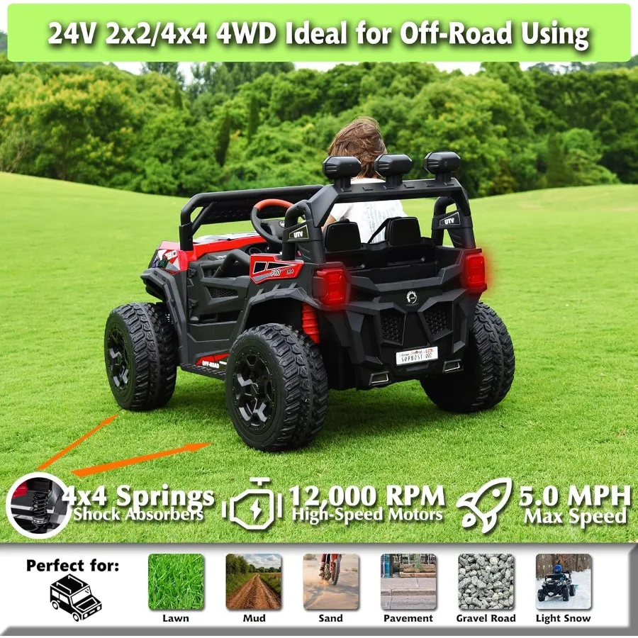24V Kids Ride On Car with Remote Control Battery Powered 4 Wheeler 2x2/4x4 Motorized Ride On UTV Ride On Toys for Boys Girls, EV