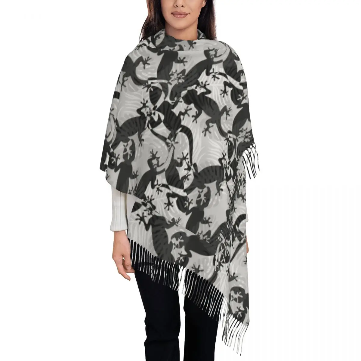 

Winter Tassel Scarf Abstract Tropical Lizards And Palm Leaves Cashmere Scarves Neck Head Warm Pashmina Lady Shawl Wrap Bandana