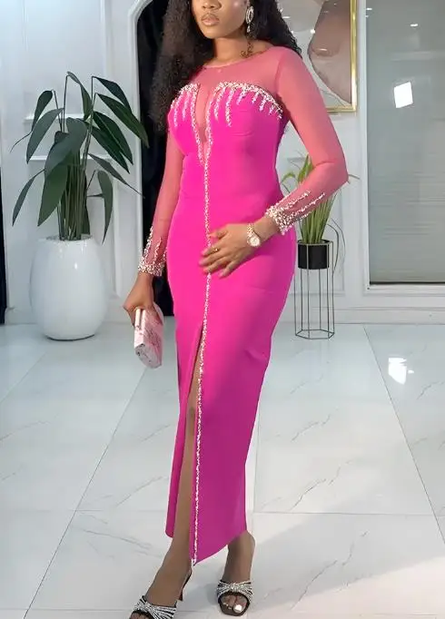 

Womens Dresses 2025 Spring Autumn New Solid Color Sexy Perspective Splicing Long Sleeve Slit Casual Round Neck Slim Long Dress