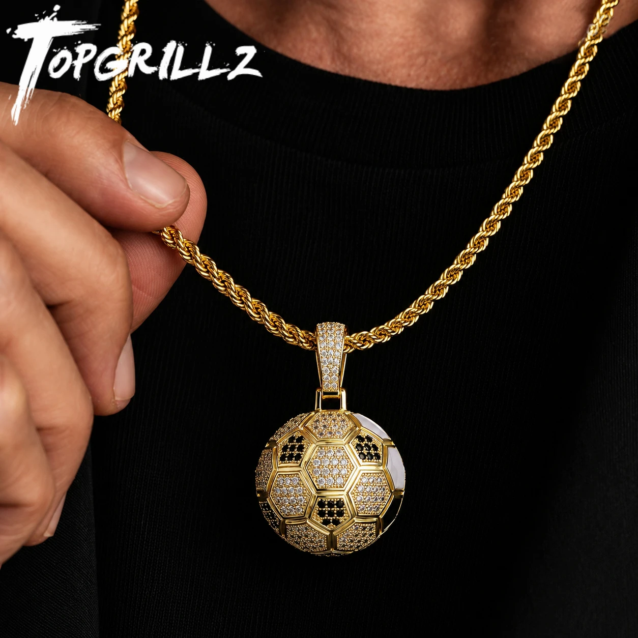 TOPGRILLZ Hip Hop Gold Plated Copper Necklace 3D Soccer Shape Micro Pave CZ Full Pave Twist Chain For Men&Women