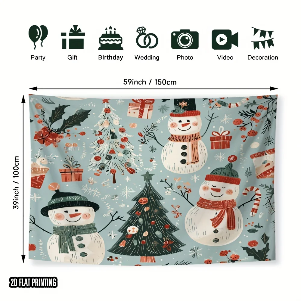 2D Flat, 1pc Winter Snowman Christmas Tapestry - Turquoise & Red Snowflakes Winter Scene with Snowmen, Durable Polyester Fabric