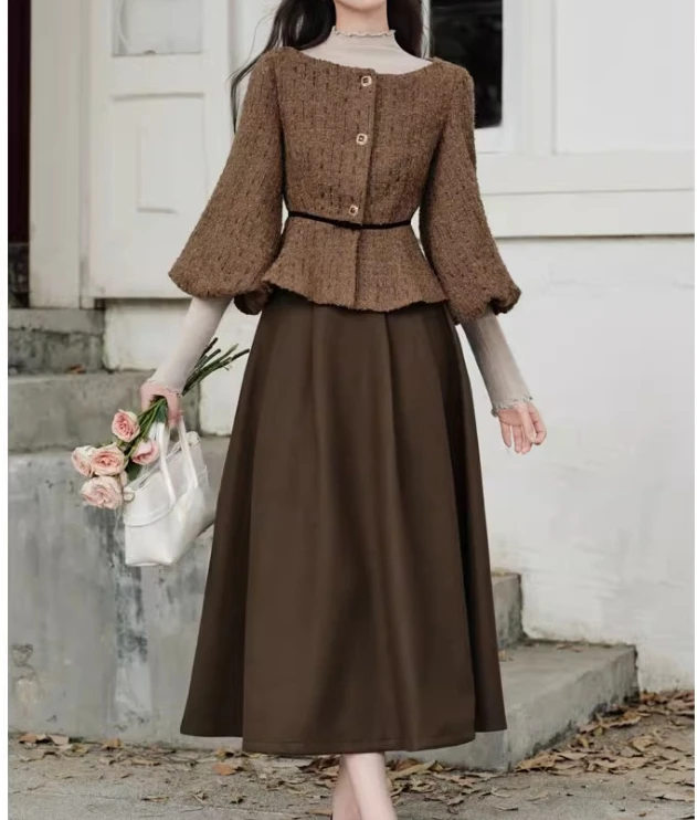 Mantel Wol Pendek Musim Gugur Musim Dingin, Sweater Kerah Setengah Tinggi Lengan Panjang, Rok A-line Retro Berpinggang Tinggi