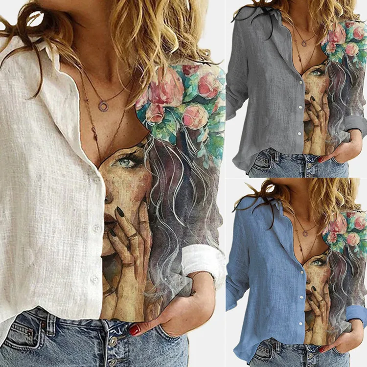 Damska długa bluzka z rękawami do połowy ramienia, elegancka, do pracy, z nadrukiem, łączona, o prostym kroju, zapinana na guziki, okrągły dekolt, długość do kolan, jednolita kolorystycznie.