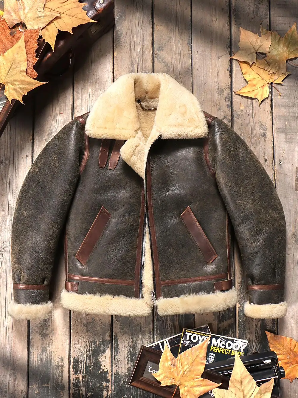 Tailor Brando Original Shearling & Batik Horsehide B3 Classic Pilot Jacket Men's Genuine Fur Winter Warm Jacket