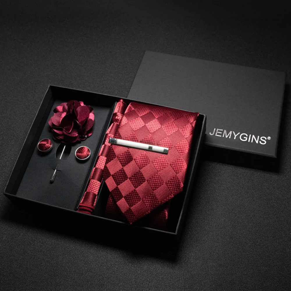 Weinrote Herrenkrawatte, Paisley-Seidenkrawatte, Einstecktuch, Manschettenknöpfe, luxuriöses Geschenkbox-Set, Hochzeitskrawatte, Accessoires, Krawatte für Herren – Detail 3