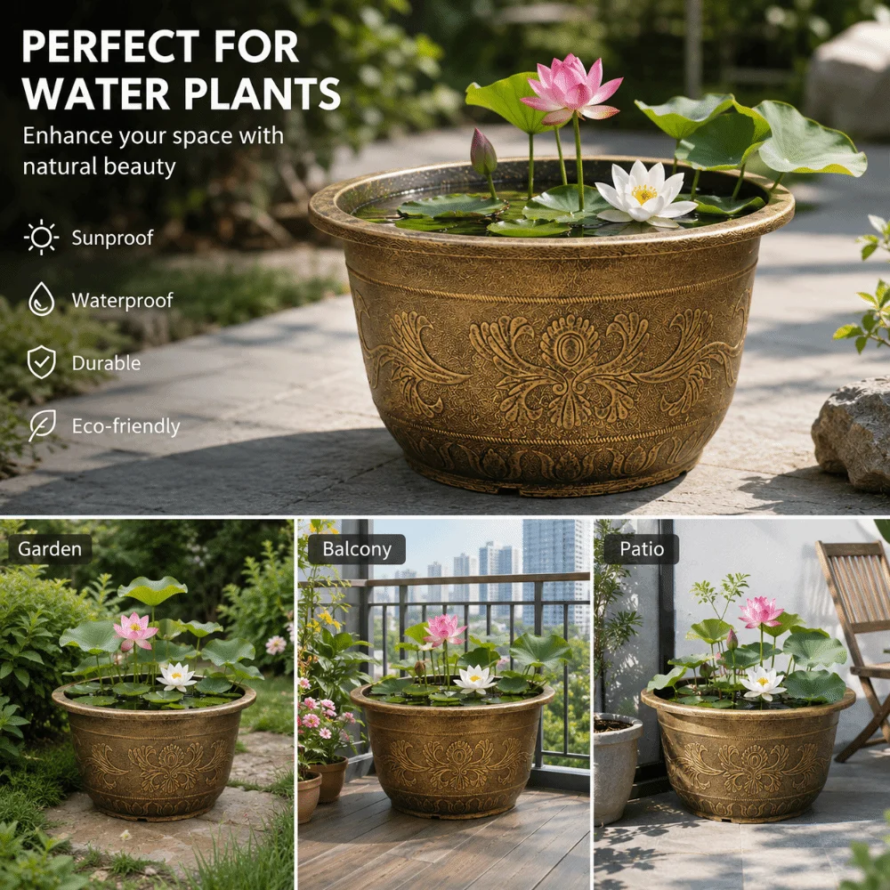 Resin Lotus Planter Pot 7.5L Capacity 19cm Height Water Reservoir Planter Copper Bronze Large Retro Flower Pot Indoor Use