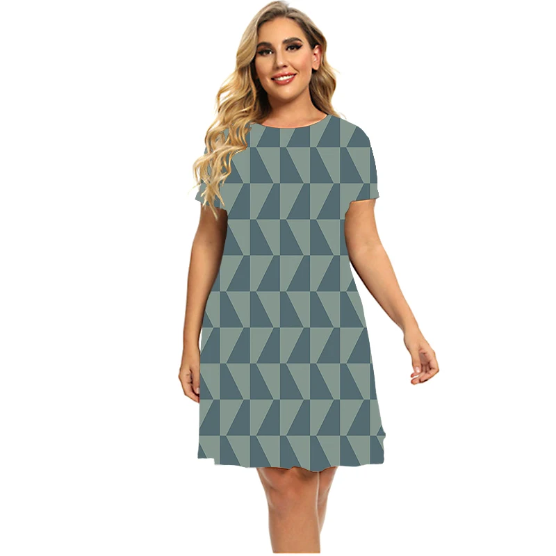 Venda quente 2023 nova primavera feminina plus size vestido moda geometria diamante gráfico vestido verão casual manga curta em torno do pescoço vestido