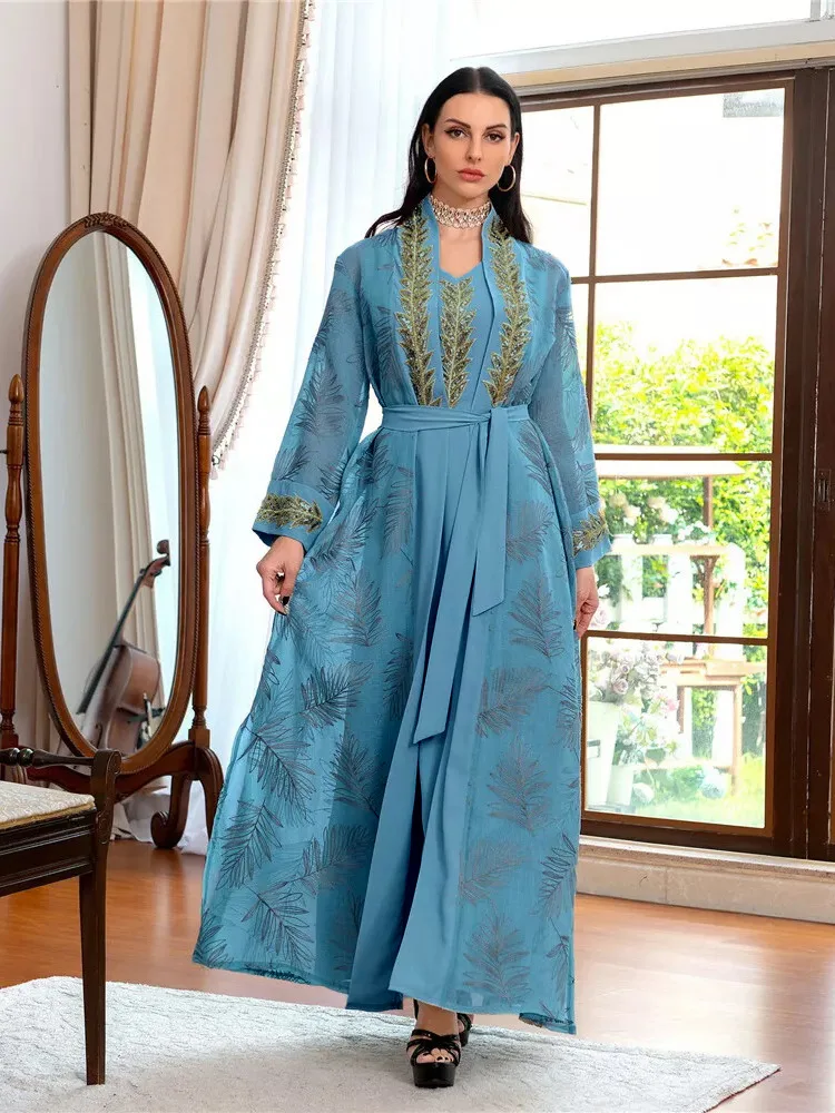 Moslim Jurk Vrouwen Party Abaya 2-delige Set Vest Jurken Borduren Arabische Lange Gewaad Marokko Dubai Kaftan Vestidos Jalabiya