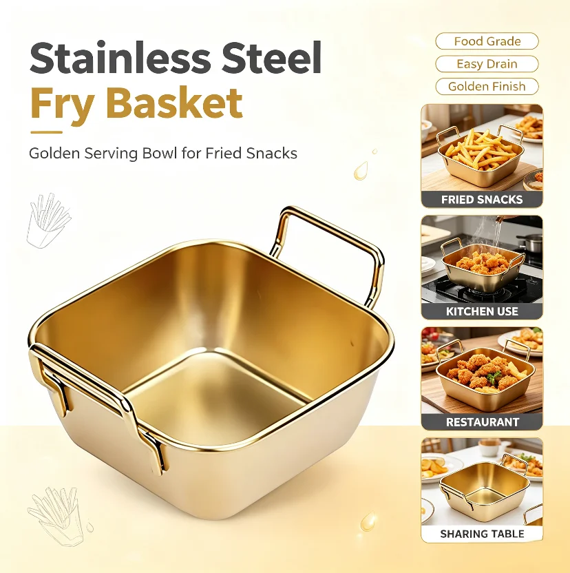 Stainless Steel Double Ear Snack Basket French Fry & Fried Chicken Block Tray Hotpot Restaurant Ingredient Box Commercial Creati