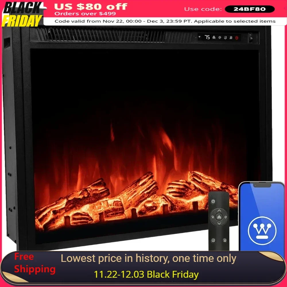 28 Inch Electric Fireplaces Heater, in-Wall Recessed Fireplace Insert, 24 Hour Timer, Color Changing Flames, Electric Fireplaces