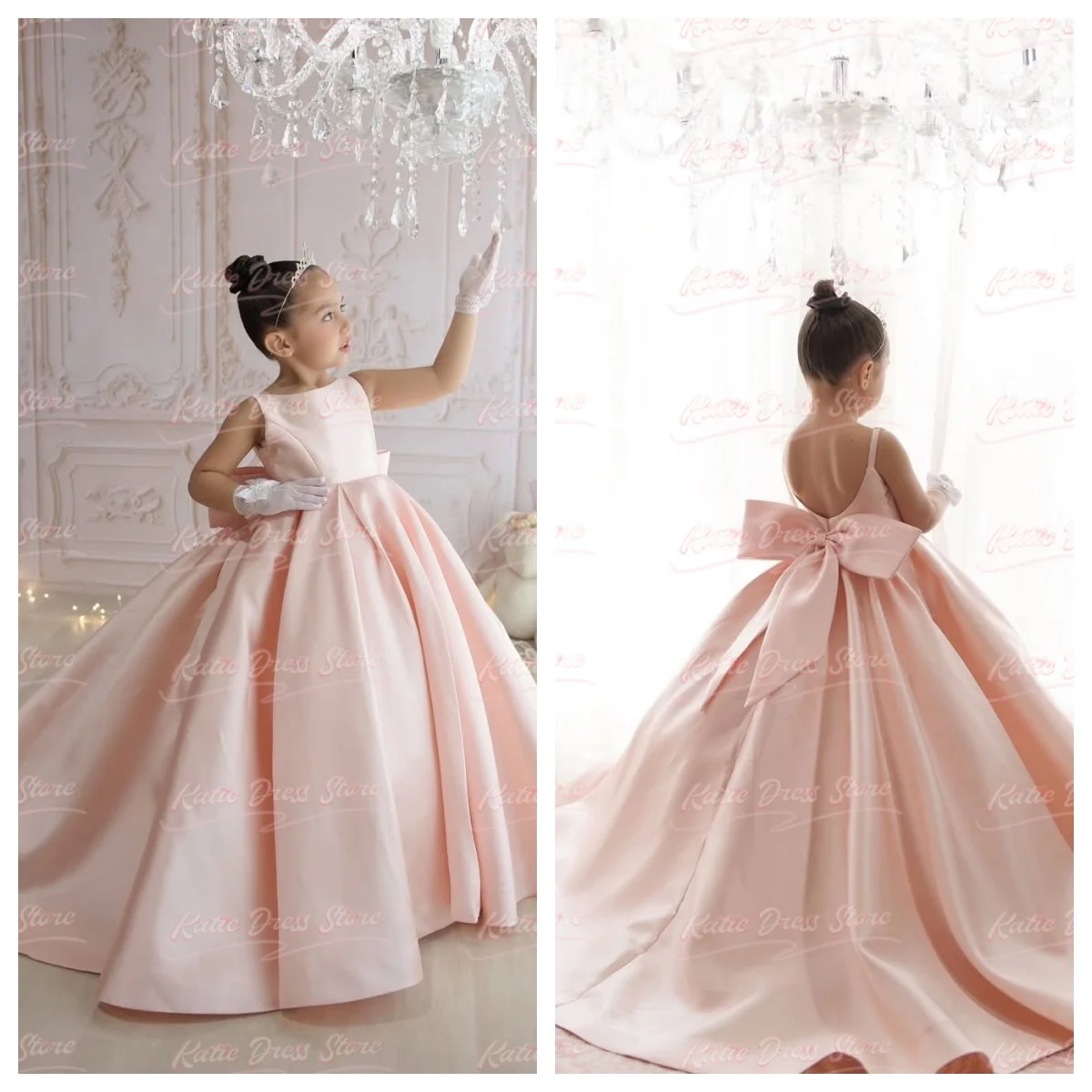 Customized Flower Girl Dress For Wedding Puffy Lace Applique With Bow Princess Kids Birthday Party First Communion Ball Gowns