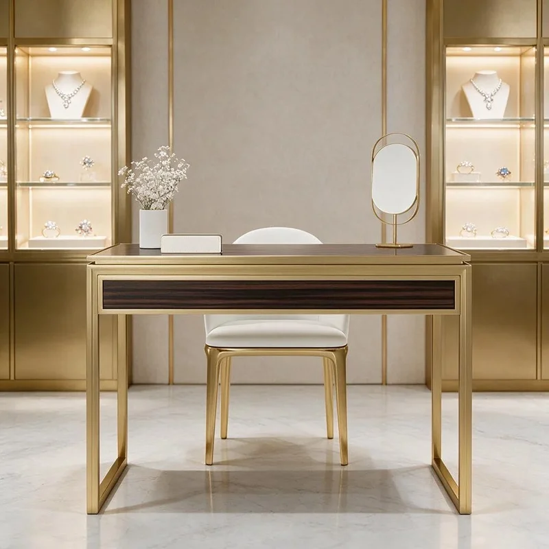 custom.Luxury Glass Top VIP Desk Gold Frame Wood Drawer Mirror LED Backlit Alcove Watch Jewelry Marble Boutique Reception Table
