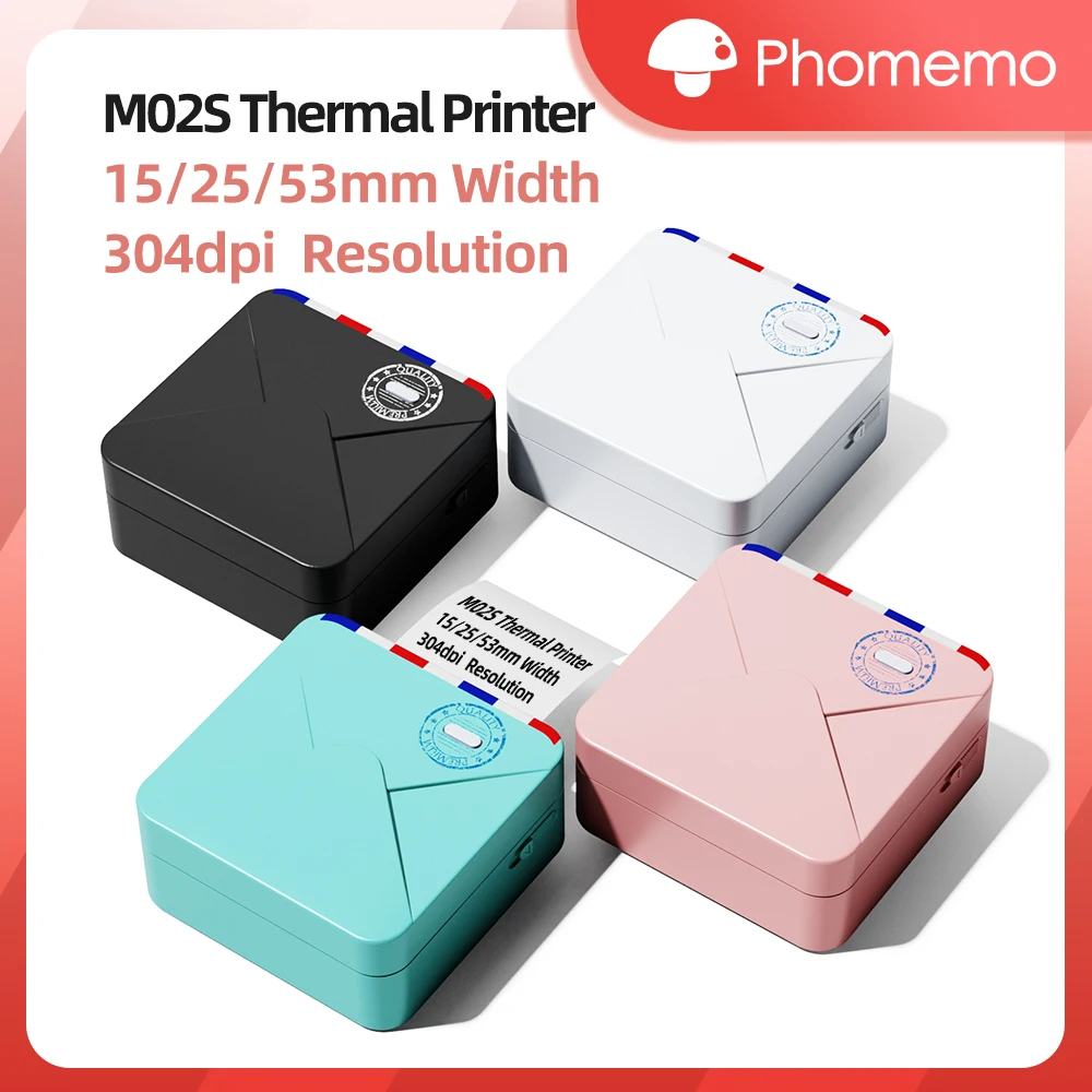 Portable Printer Phomemo M02S Thermal Mini Printer 300dpi Inkless Pocket Printer Compatible 15/25/53mm Sizes Self-Adhesive Paper