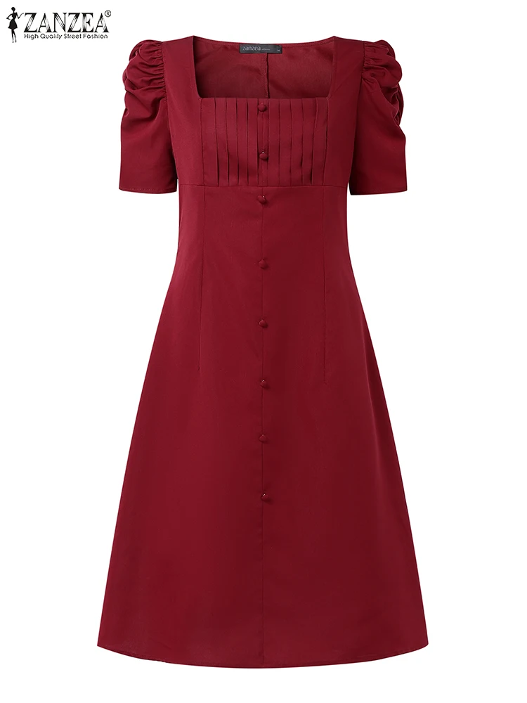 2025 Moda OL Abito da lavoro Donna Collo quadrato Vestito estivo Casual Abiti larghi Manica corta a sbuffo Tinta unita Al ginocchio Robe Femme