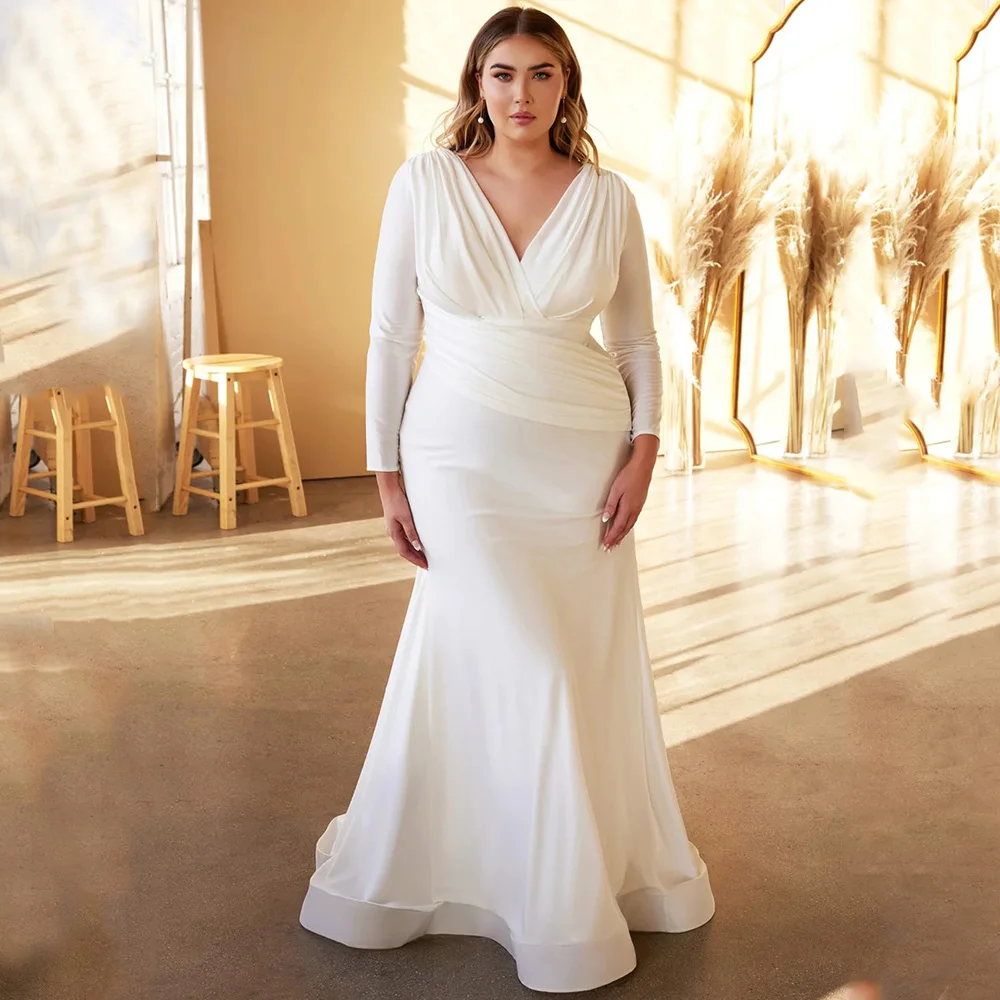 Abito da sposa a maniche lunghe bianco Plus Size con scollo a v e sirena in raso con scollo a v e lunghezza del pavimento abito da sposa abito da cerimonia con motivo a motivo di temperamento