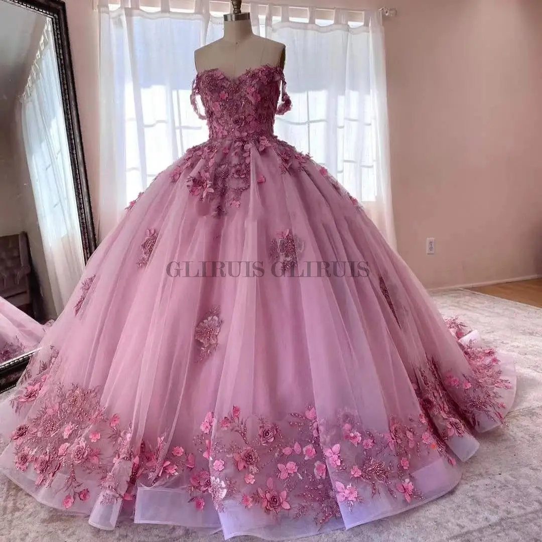   2022 Vestidos De quinceañera rosas Apliques 3D Rebordear Sweetheart Vestidos De baile De flores hechos a mano Vestidos De 15 Años