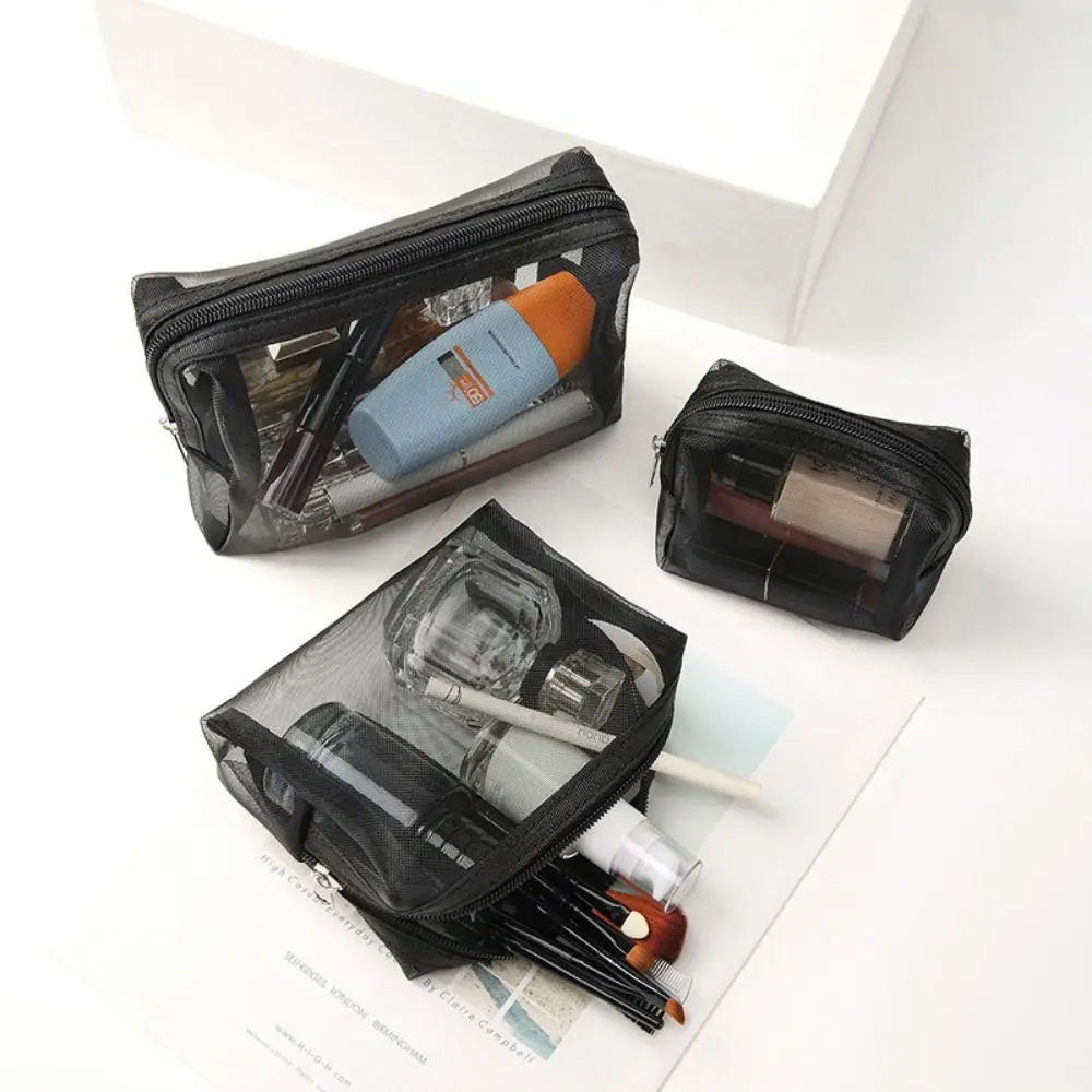 Solid Color Mesh Cosmetic Bag Zipper Storage Bag Transparent Makeup Bag Toiletry Bag Organizer Case for 3Pcs/Set