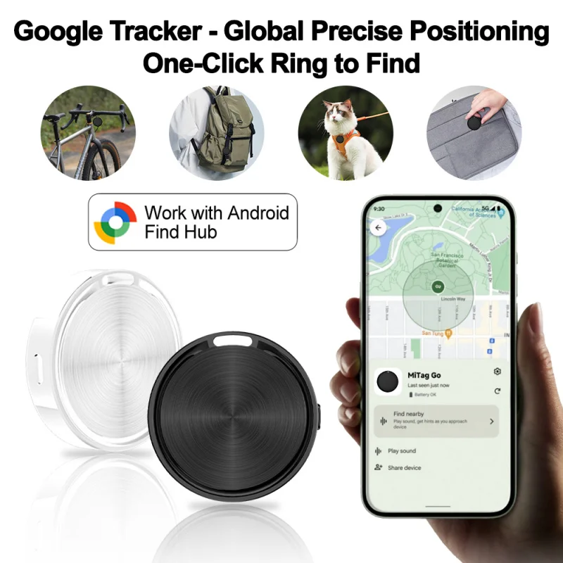 

A Google GPS tracking smart tag for Android devices, featuring a lost item alert and map navigation support