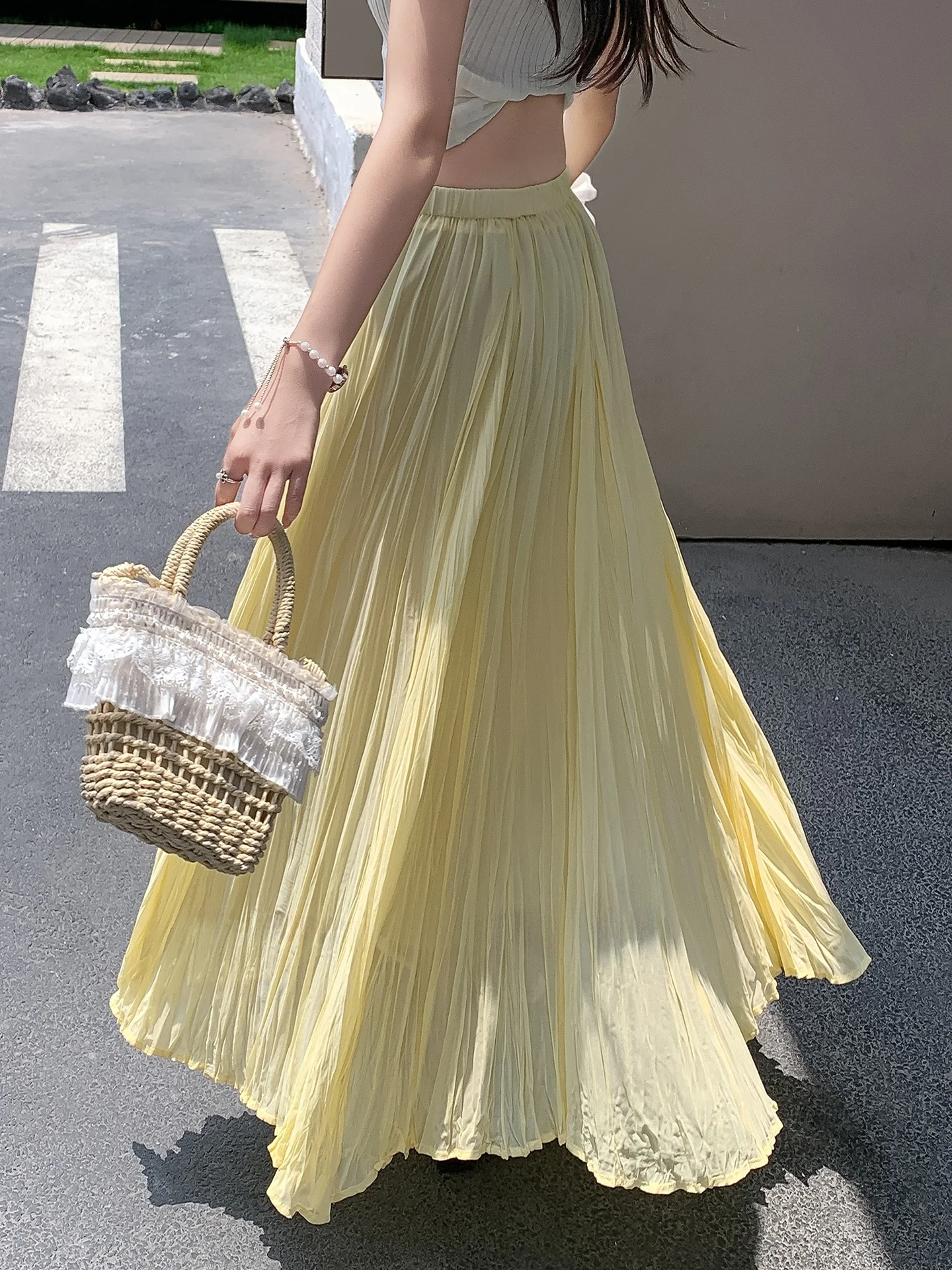 

Romantic Holiday Style Pleated Half Skirt Women's Summer New Gentle Atmosphere High Waist Pleated Flared A-Line Skirt