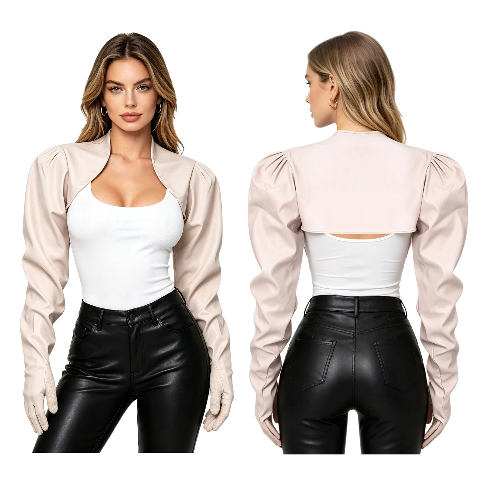 

Womens Fashion Cardigan Rave Party Clubwear PU Wet Look Crop Jacket Puff Long Sleeve Open Front with Built In Gloves Shrug Shawl