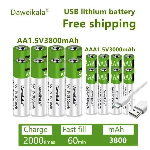 1.5V AA 3800mAh, AAA 3000mAh oplaadbare batterij USB lithium grote capaciteit muis vingerafdruk slot handvat snel opladen