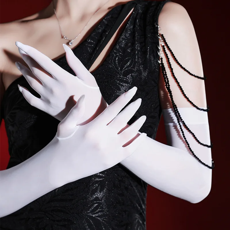 Women 40cm High Stretchy Smooth Tight Wet-Look Glossy Long Stockings Gloves Evening Bridal Prom Party Cosplay Stage Performance