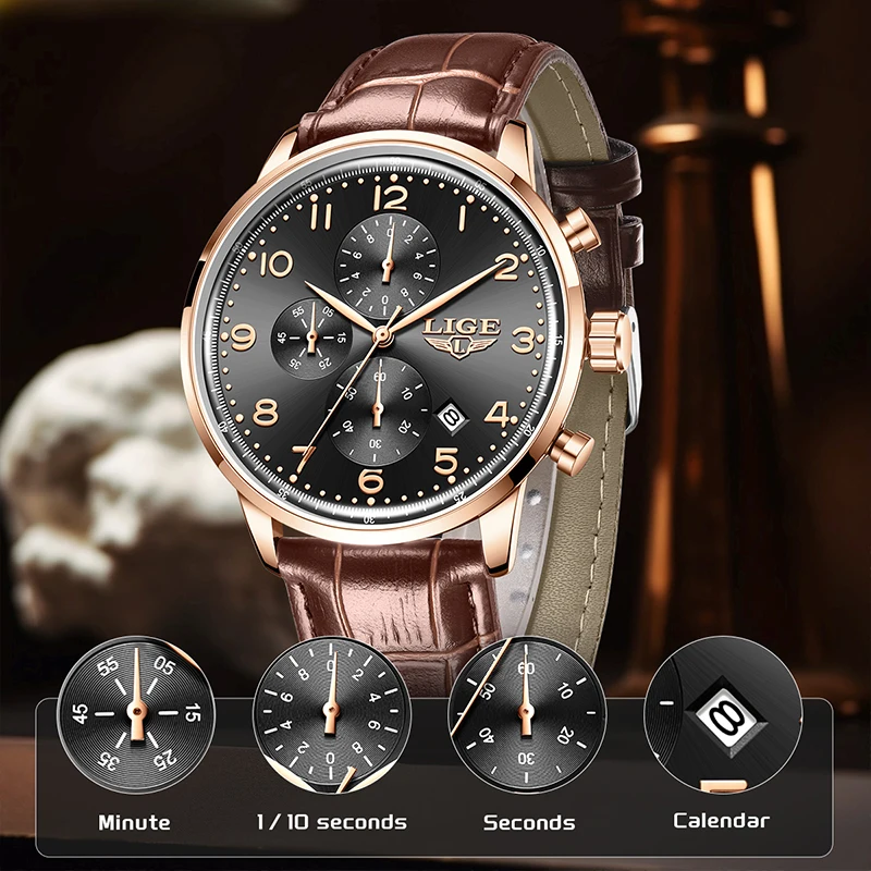 

TOP LIGE Simple luxury Men's watches Business Waterproof Clock quartz mens watch Leather Watches for Men relogios masculino+BOX