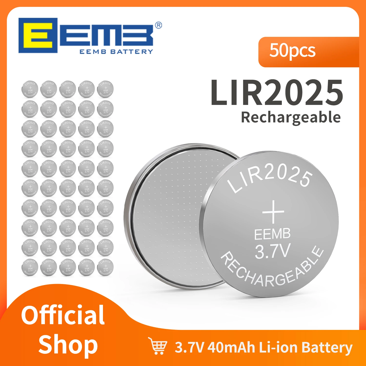 EEMB 50PCS 3.7V Button Battery LIR2025 Rechargeable Battery 2025 40mAh Lithium Cell for Watch Car Keys